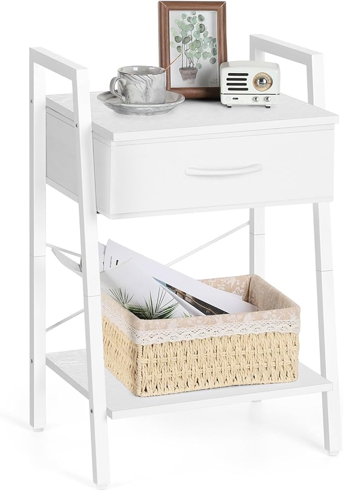 White Night Stand Side Table with Fabric Drawer and Storage Shelf 3-Tier Modern Bedside End