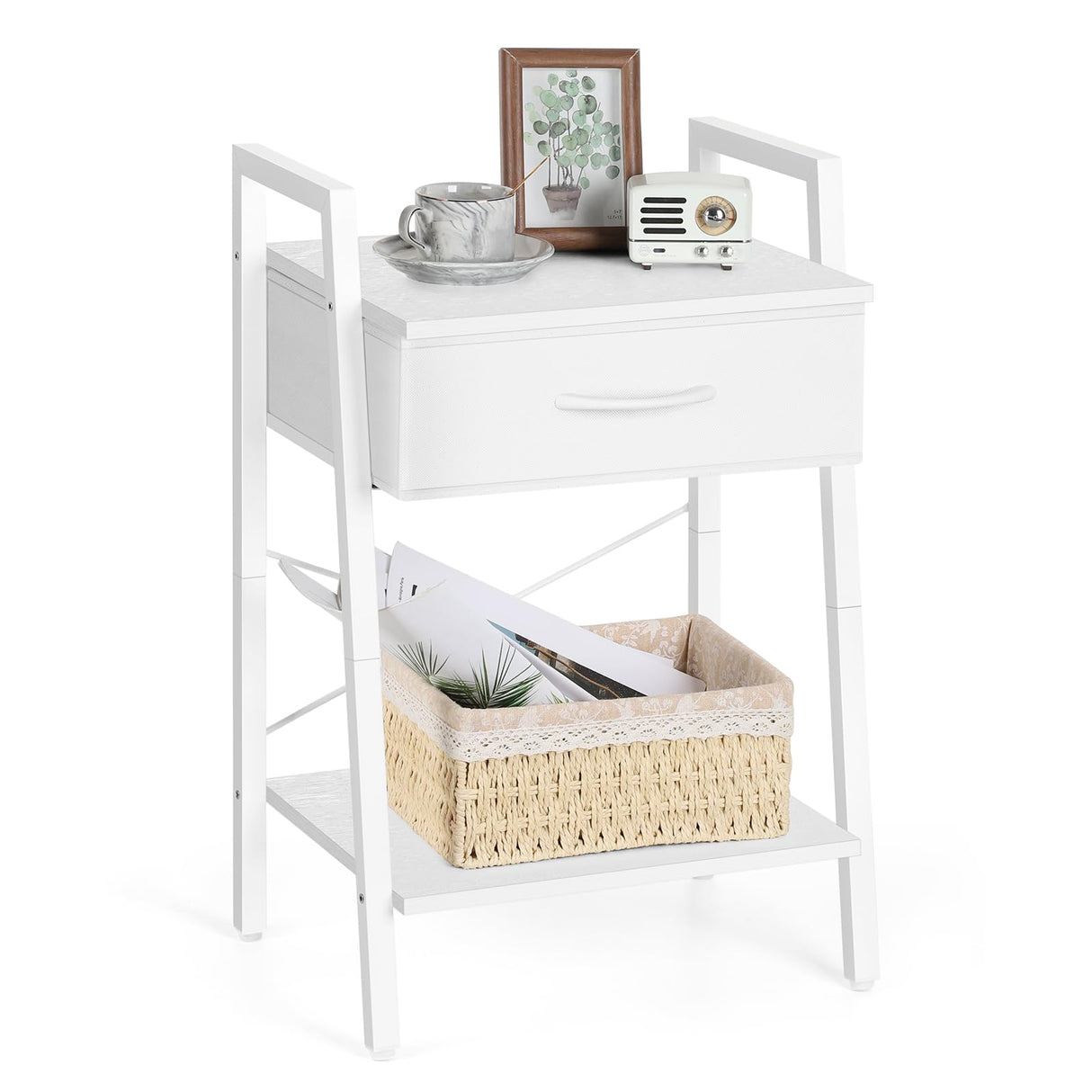 White Night Stand Side Table with Fabric Drawer and Storage Shelf 3-Tier Modern Bedside End