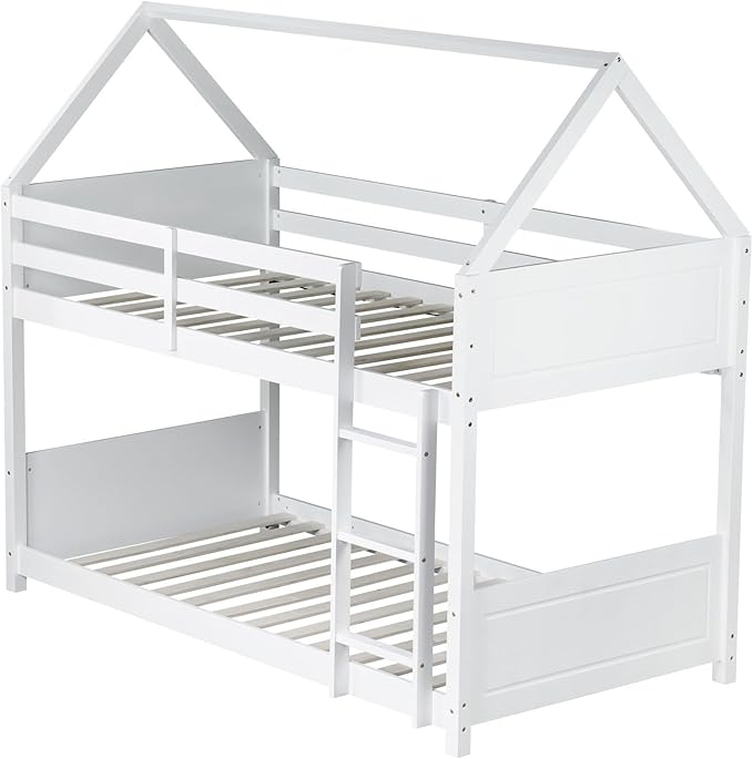 Twin Over Twin House Floor Bunk Bed, Wooden Bunk Bed with Headboards, Footboards, Guardrails and Ladder, Space-Saving Design, Safety Guaranteed, White