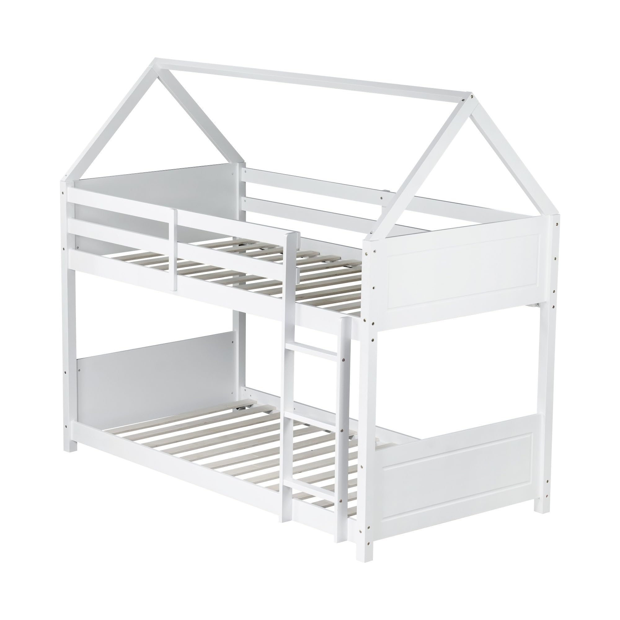Twin Over Twin House Floor Bunk Bed, Wooden Bunk Bed with Headboards, Footboards, Guardrails and Ladder, Space-Saving Design, Safety Guaranteed, White