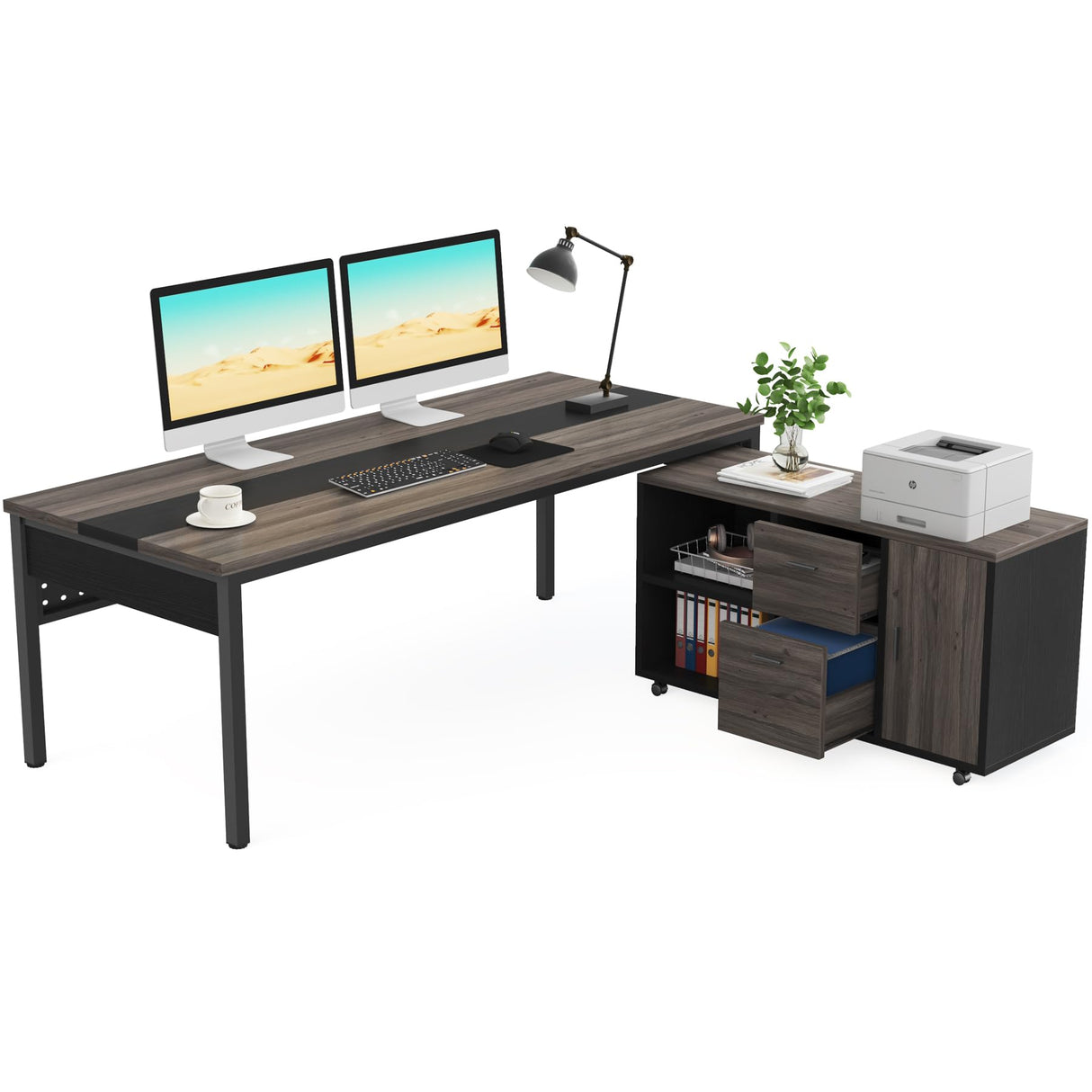 70.8" Executive Desk with Lateral File Cabinet, Modern Thickened Wooden Workstation L-Shaped Computer Desk Large Home Office Writing Desk for Home Office