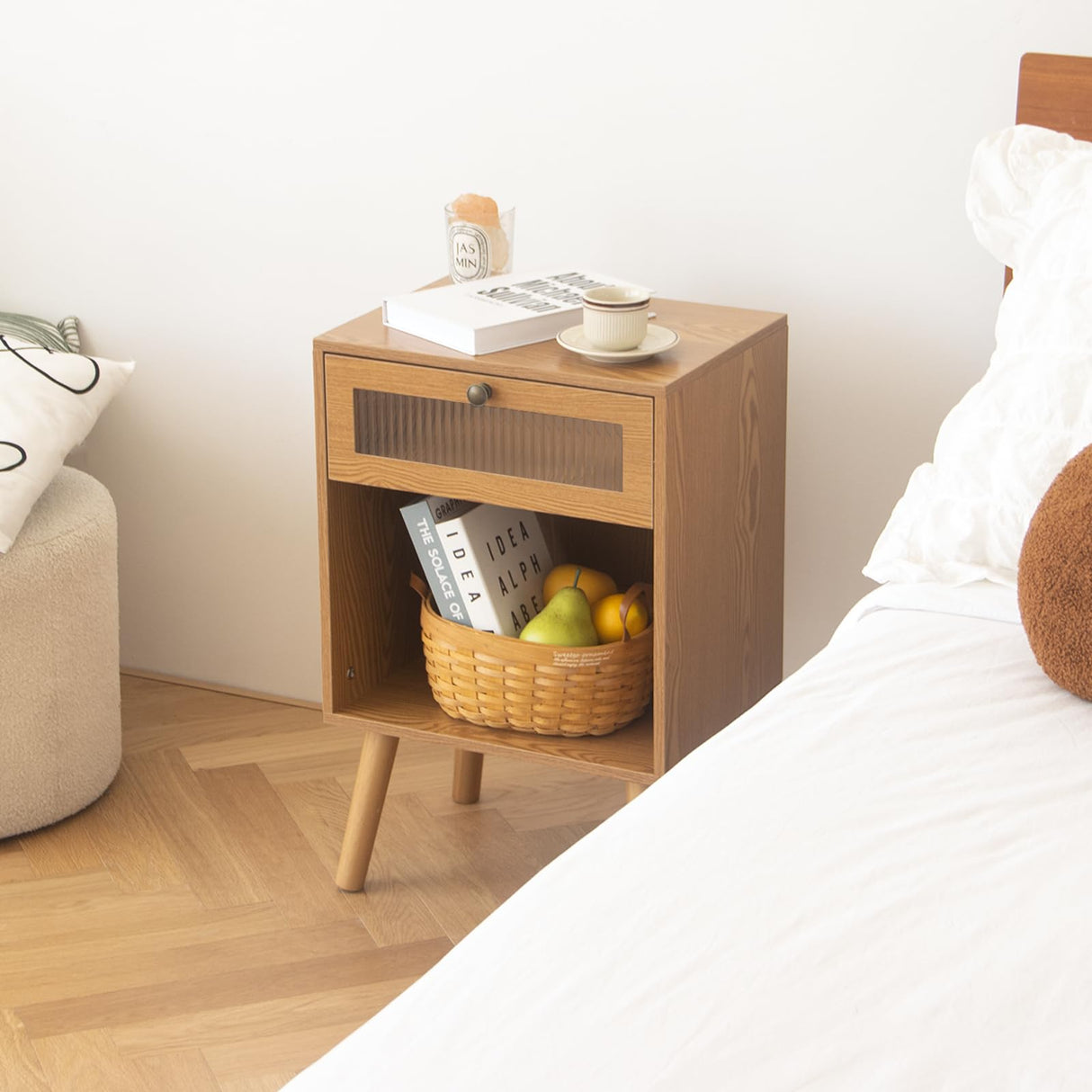Mid Century Nightstand, Bedside Table with Glass Storage Drawer and Large Open Shelf