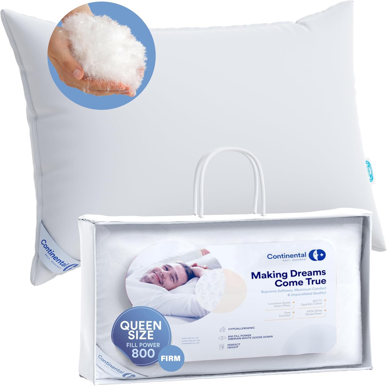 100% Luxury Down Pillow - Siberian 800 FP Firm Support Queen Size