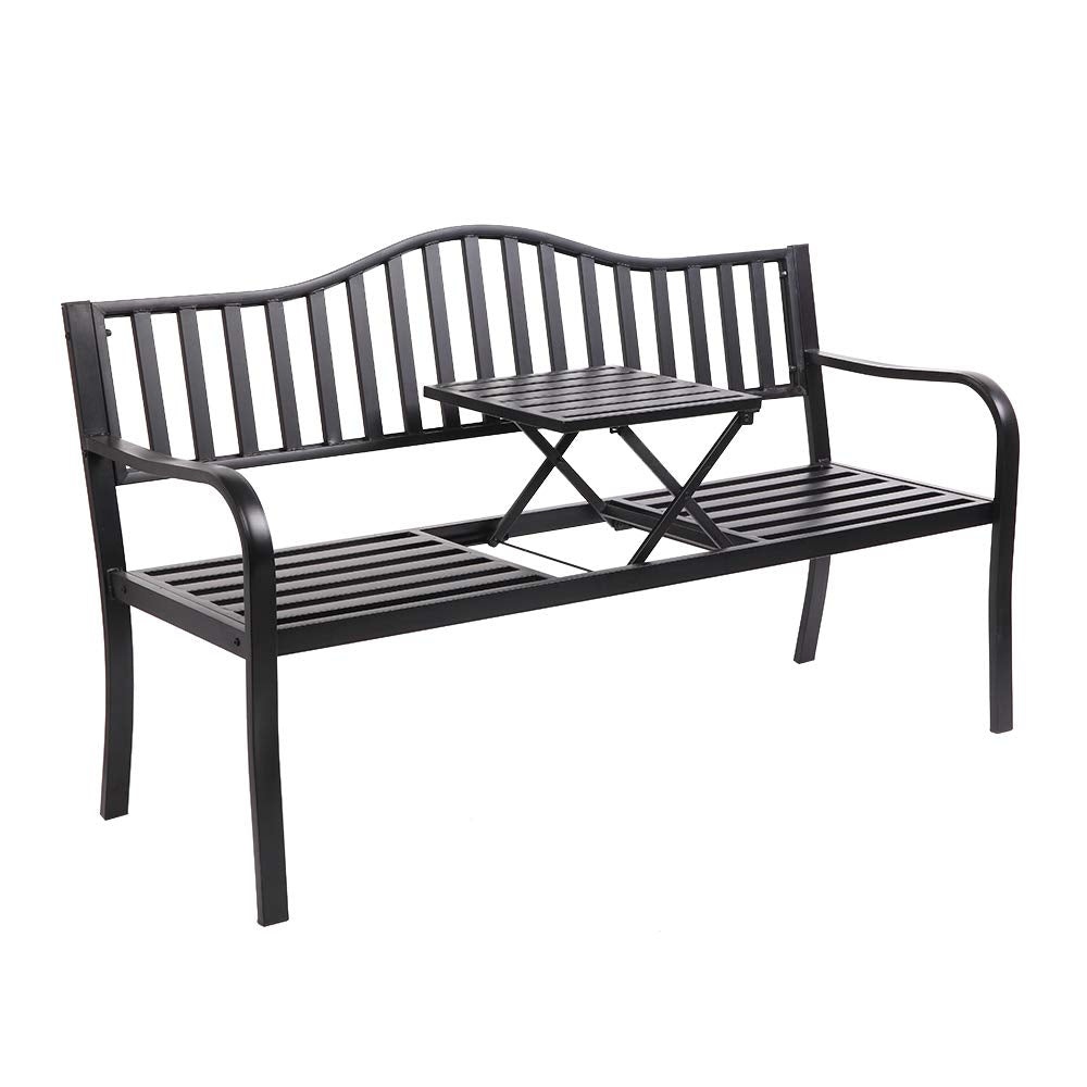 59" Outdoor Metal Bench Patio Bench with Built in Table Park Bench Garden Bench