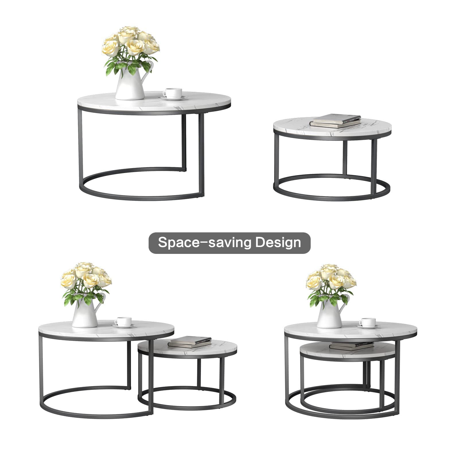 Round Nesting Coffee Table, Set of 2 Modern Coffee Table with Faux Marble Top