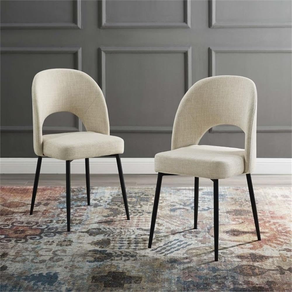 Modern Fabric Dining Chairs Set of 2 - Black Metal Frame with Beige Upholstery