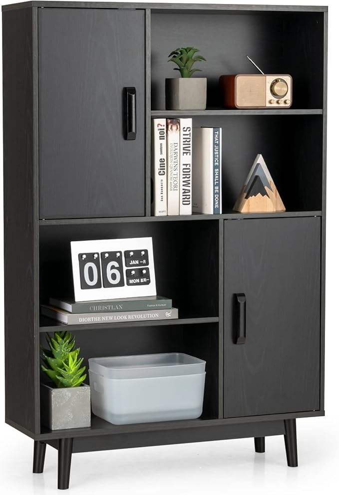 Storage Cabinet with Legs, Floor Cabinet with Doors, Shelves, Anti-Tipping Device