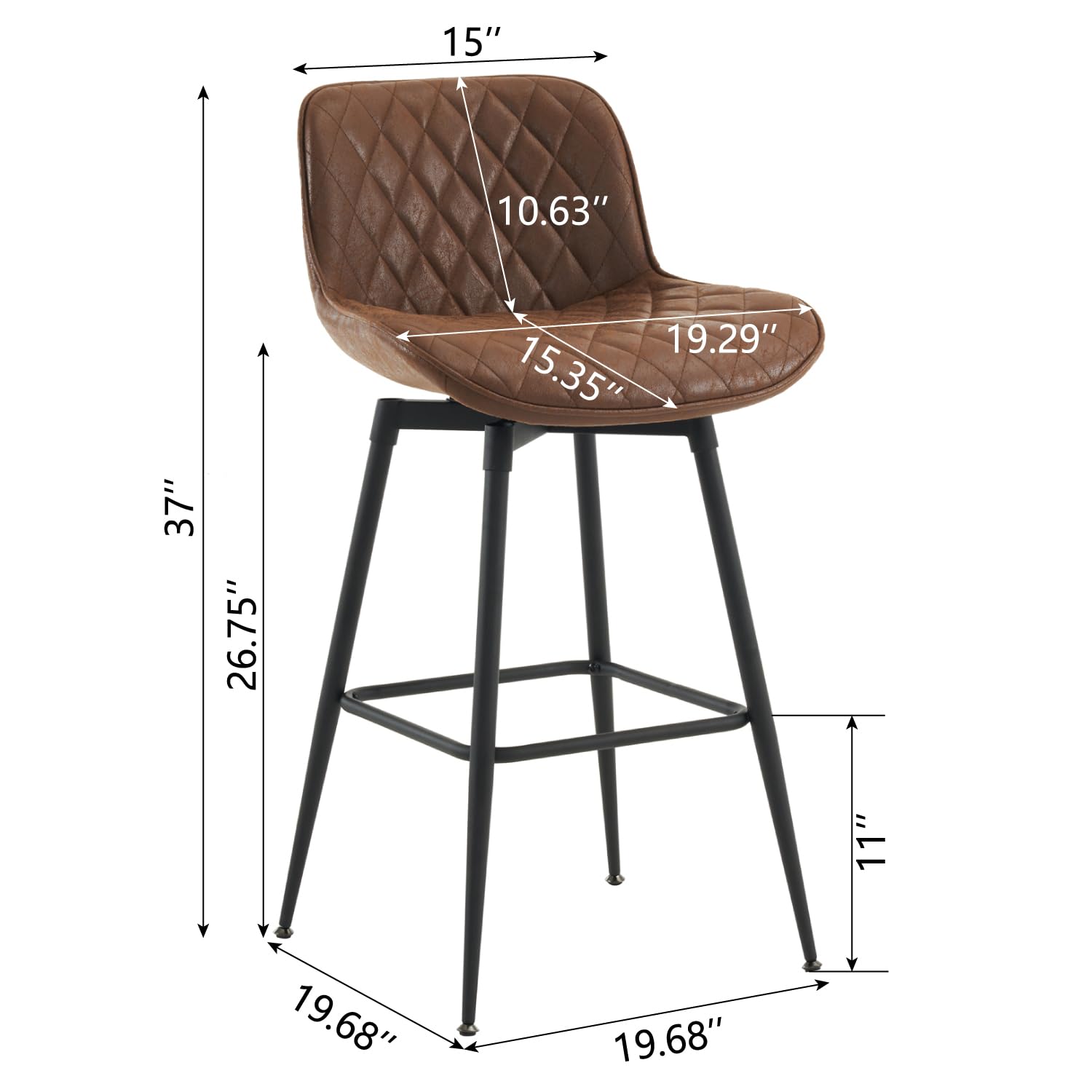 26” Bar Stools Set of 2, 360° Swivel Counter Bar Stool with Back, Mid-Century Modern