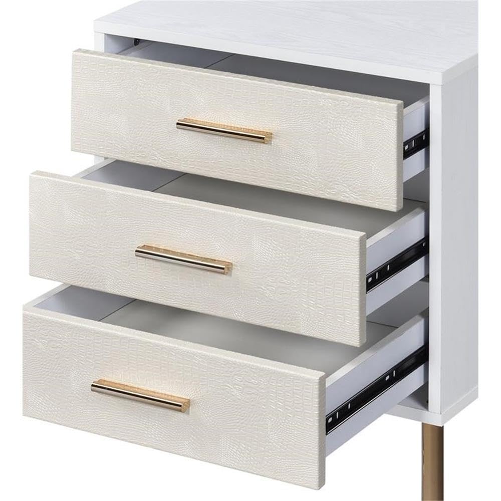 Wooden Storage Nightstand in White and Champagne and Gold