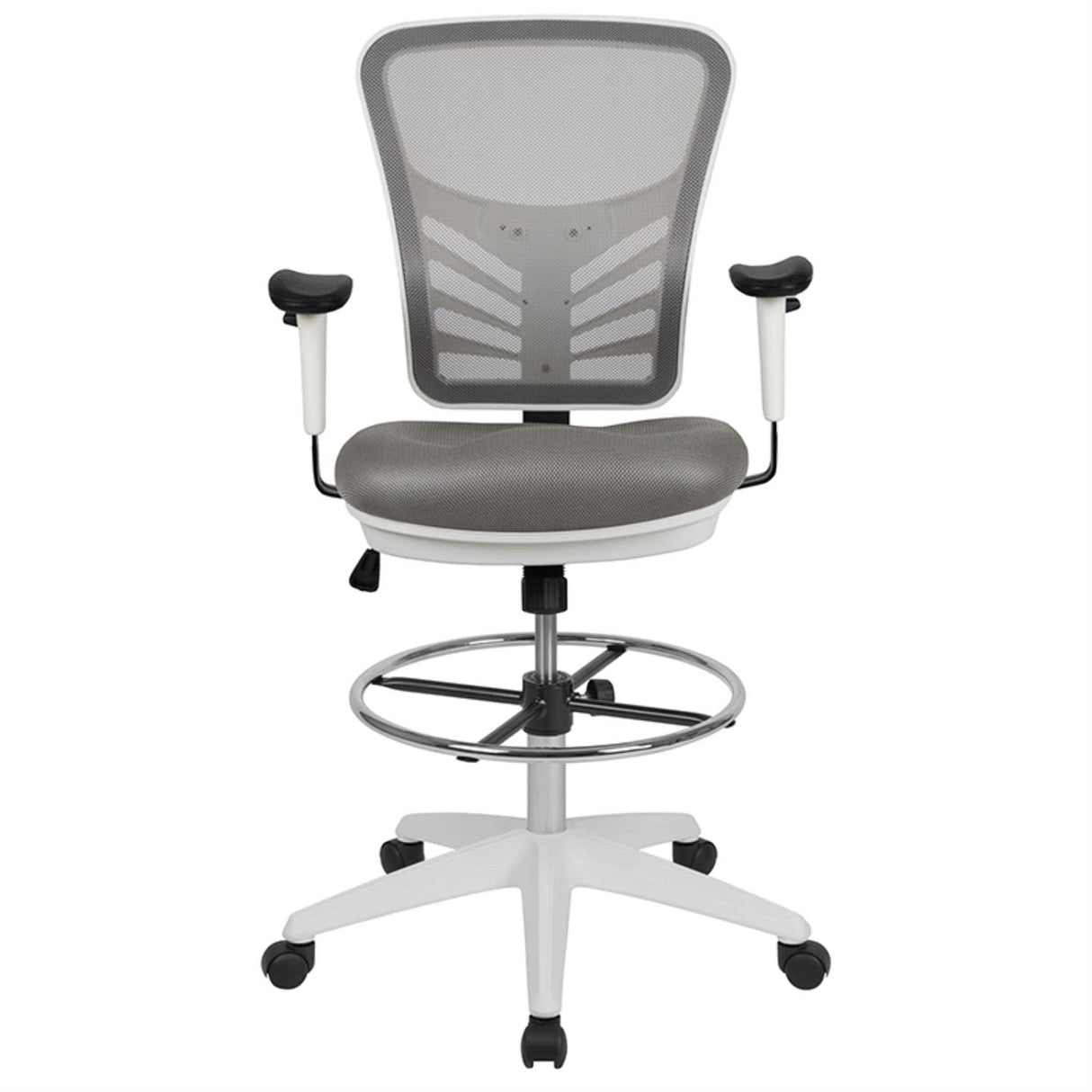 Mid-Back Light Gray Mesh Ergonomic Drafting Chair with Adjustable Chrome Foot Ring, Adjustable Arms and White Frame