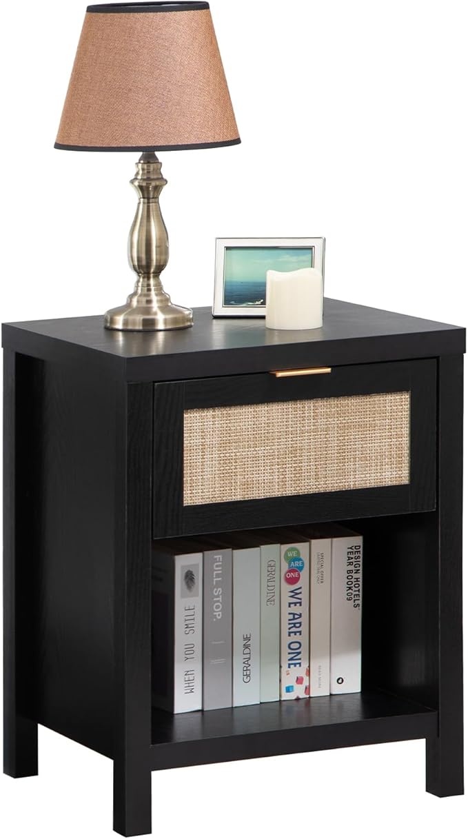 Rattan Night Stands Set of 2, Farmhouse Nightstand