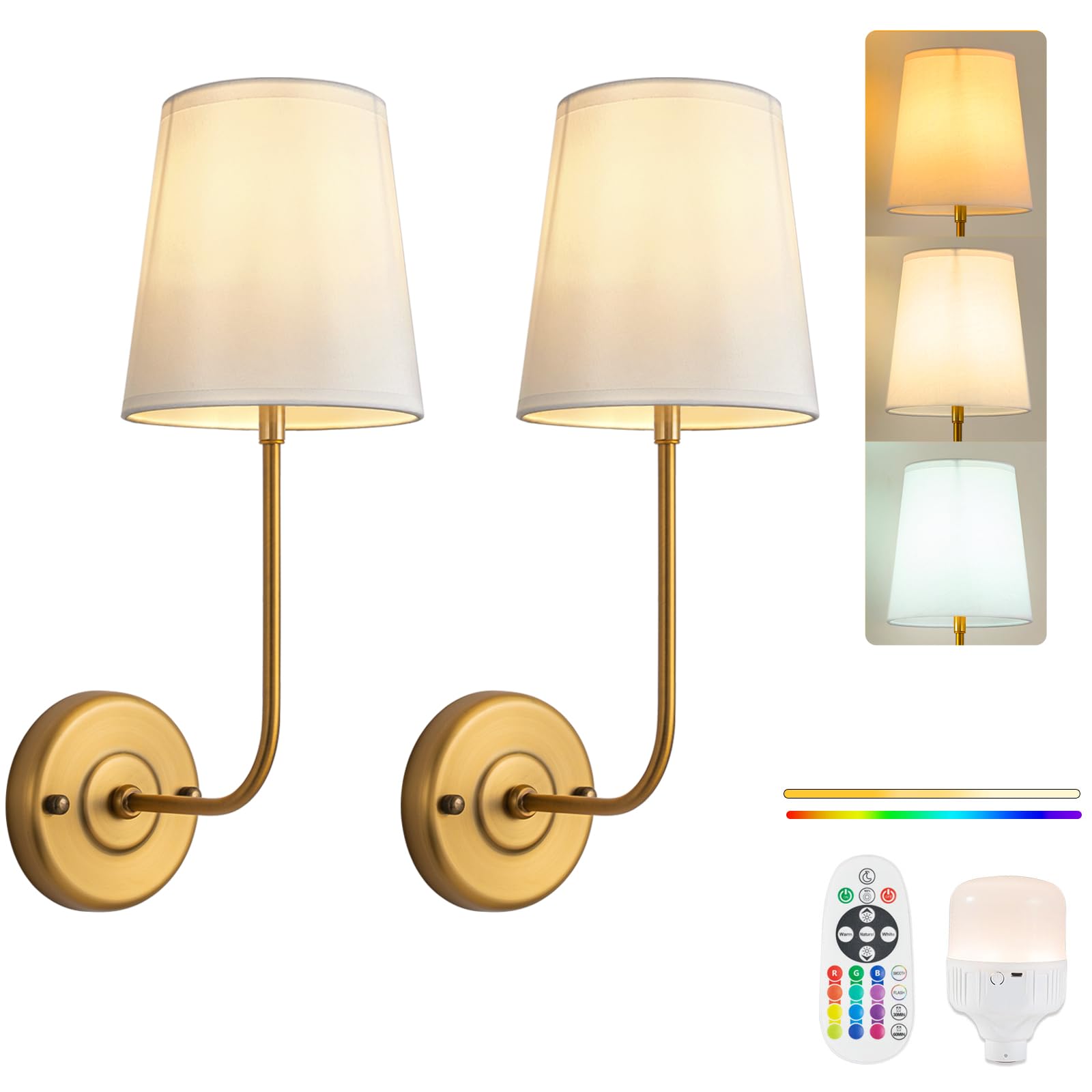 Wireless Wall Sconce Set of Two, Battery Operated Wall Sconce with Rechargeable Dimmable LED Bulbs