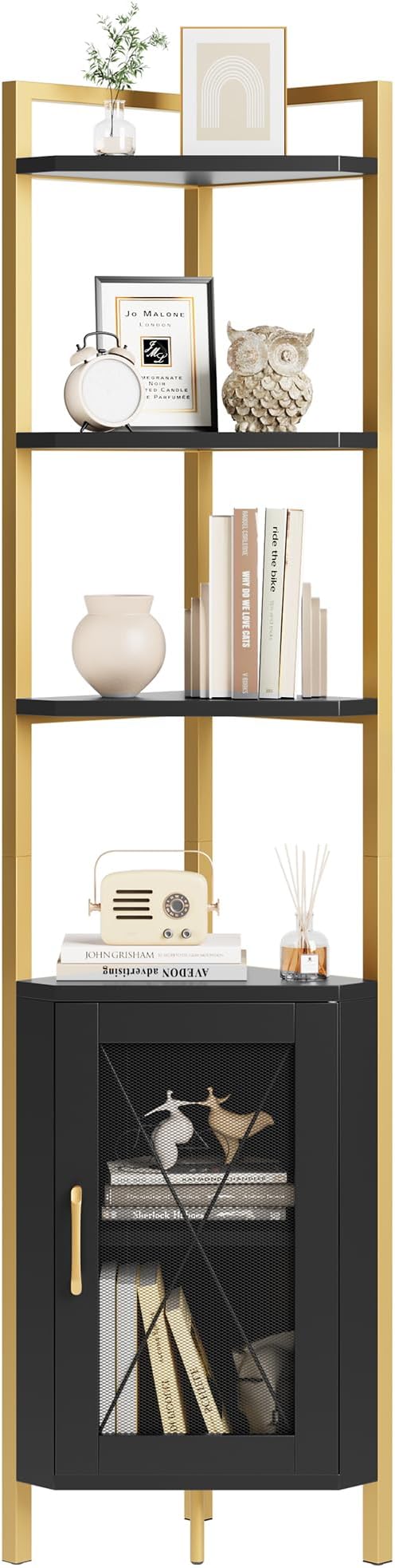 71" Tall Corner Shelf, 6-Tier Corner Bookcase, Gold Bookshelf with Storage Cabinet, Modern Display Shelf, Free Standing Storage Rack Plant Stand for Living Room, Home Office, White