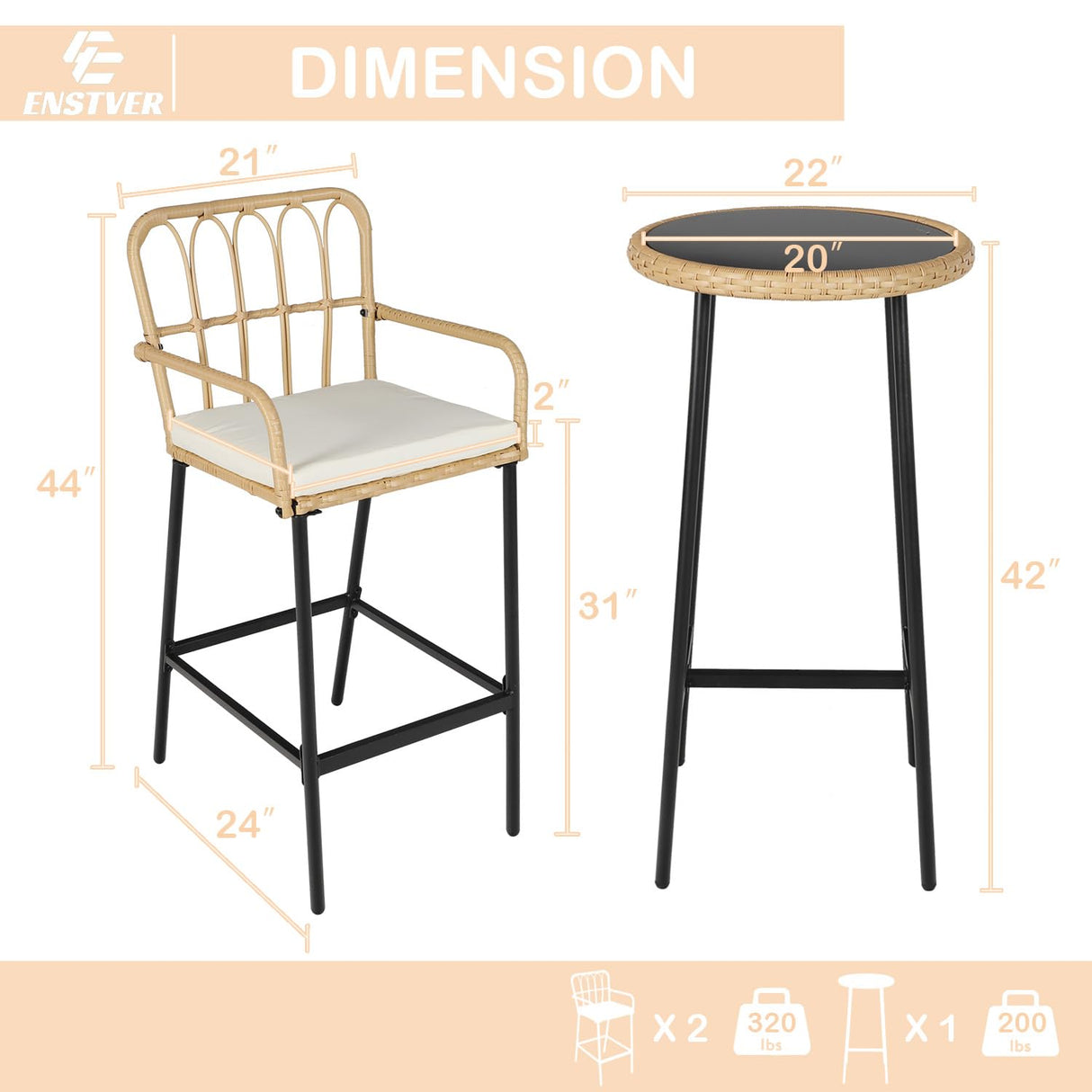 ENSTVER 3-Piece Patio Rattan Bar Set,Outdoor High Top Table and Chairs Set with Cushions&1 Tempered Glass Bar Table,Patio Bistro Dining Bar Set for Backyard, Garden, Balcony