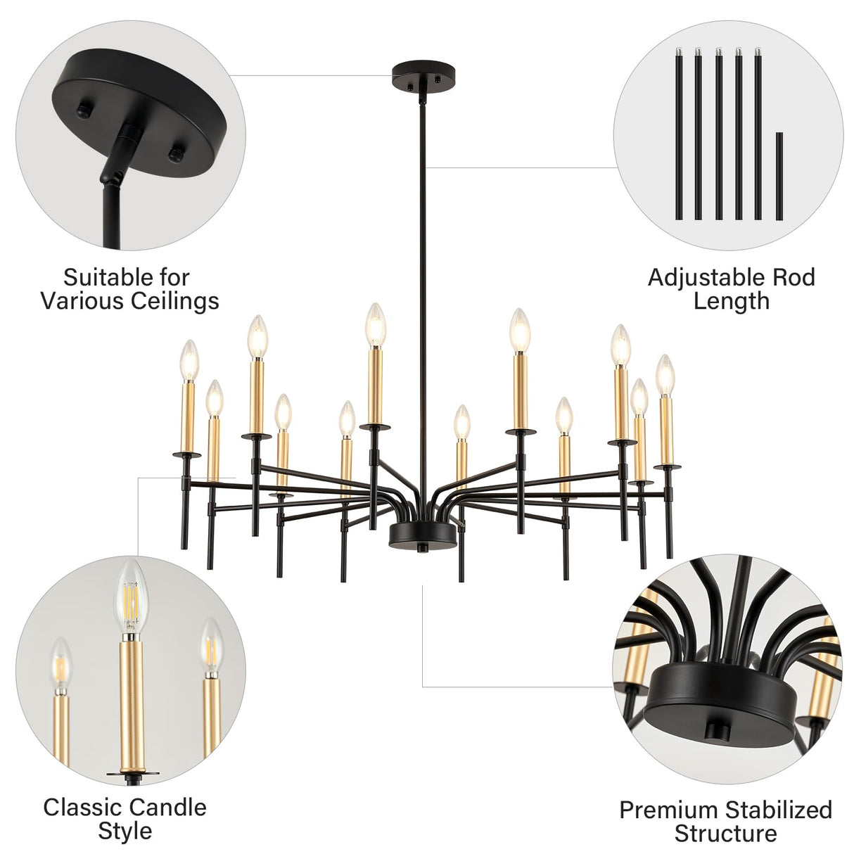 Modern Farmhouse Black and Gold Chandelier for Dining Room Light