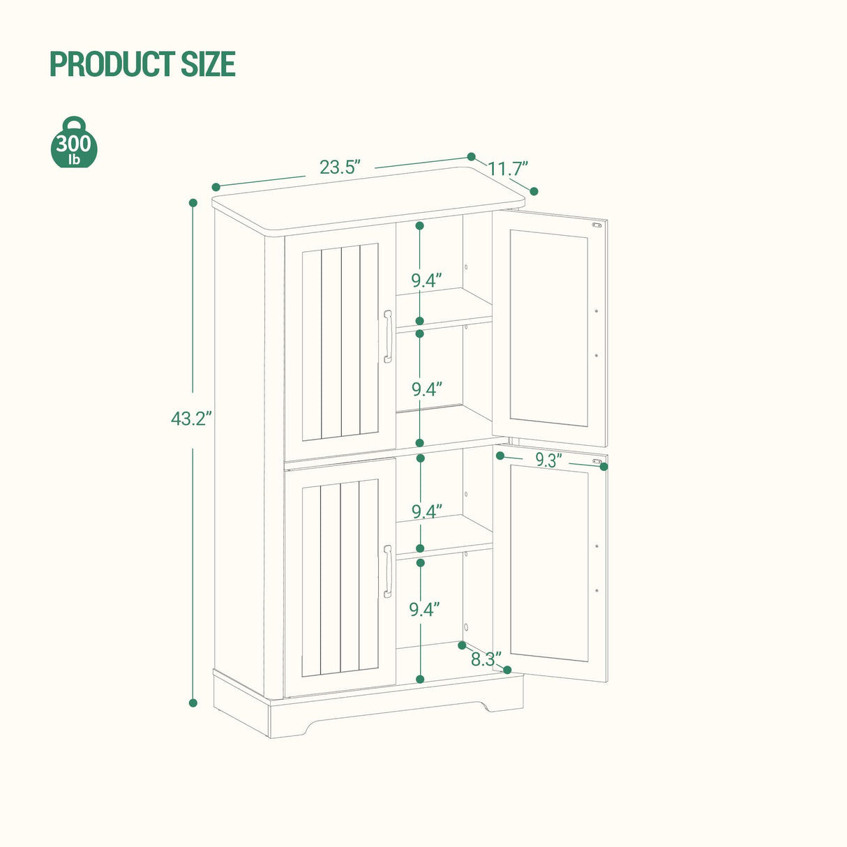 Bathroom Floor Storage Cabinet, Freestanding Cabinet with 4 Door, 2 Adjustable Shelves,