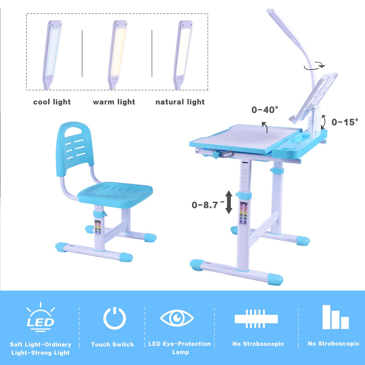 Kids Desk & Chair Set | Adjustable Study Table with Tilt Desktop & LED Light
