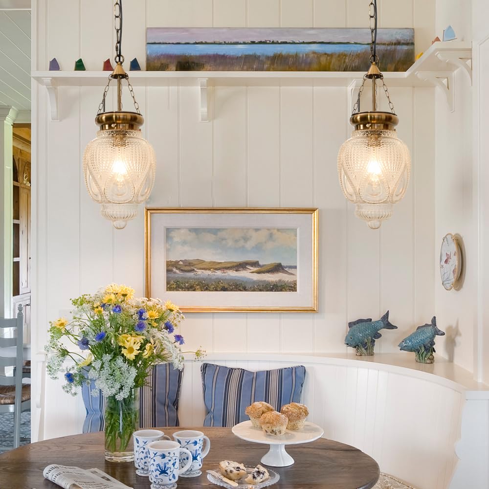 Farmhouse Pendant Light, Vintage Brass Gold Pendant Lights Kitchen Island, Pendant Lighting for Island, Kitchen Island Lighting Over Sink, Modern Clear Glass Pendant Light Fixture for Kitchen Table