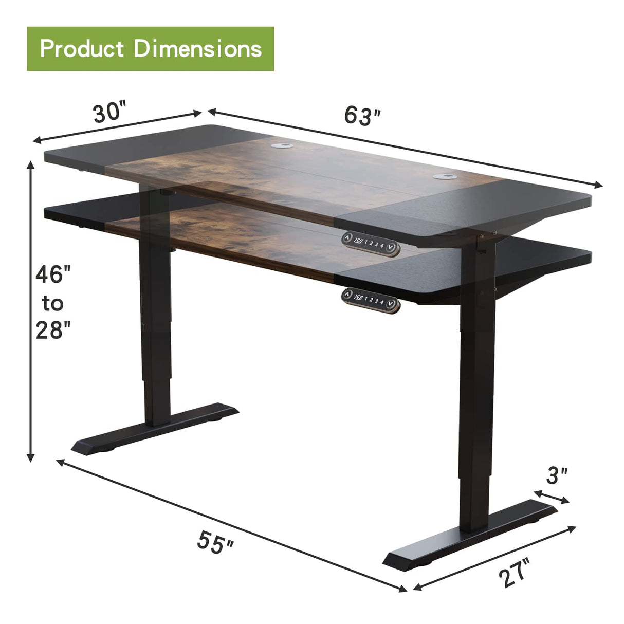 Electric Height Adjustable Standing Desk, 63x 30 Inches Stand Up Ergonomic Desk