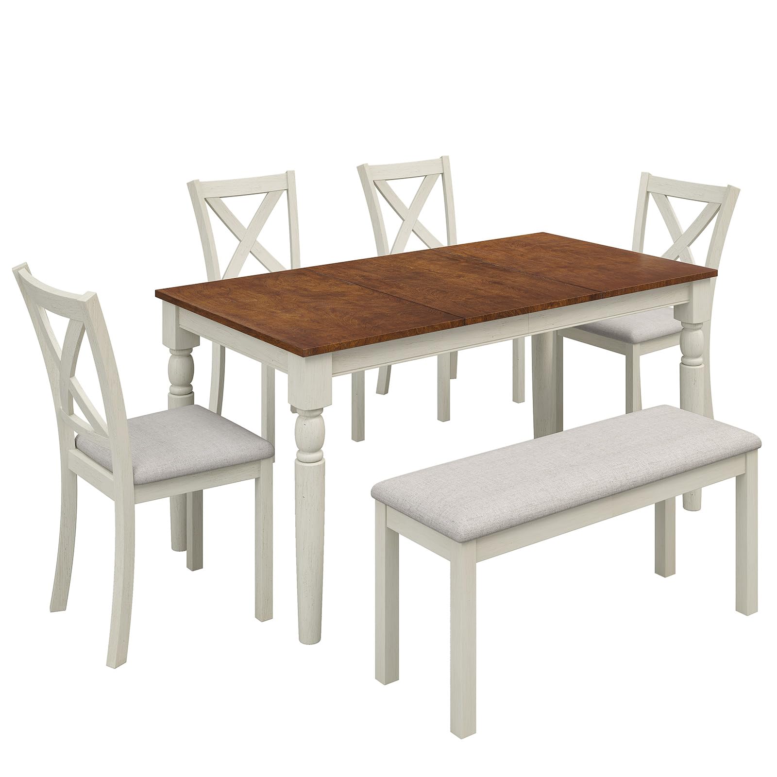 6-Piece Dining Table Set for 6 People, Solid Wood Table & Upholstered Chair Set w/Bench