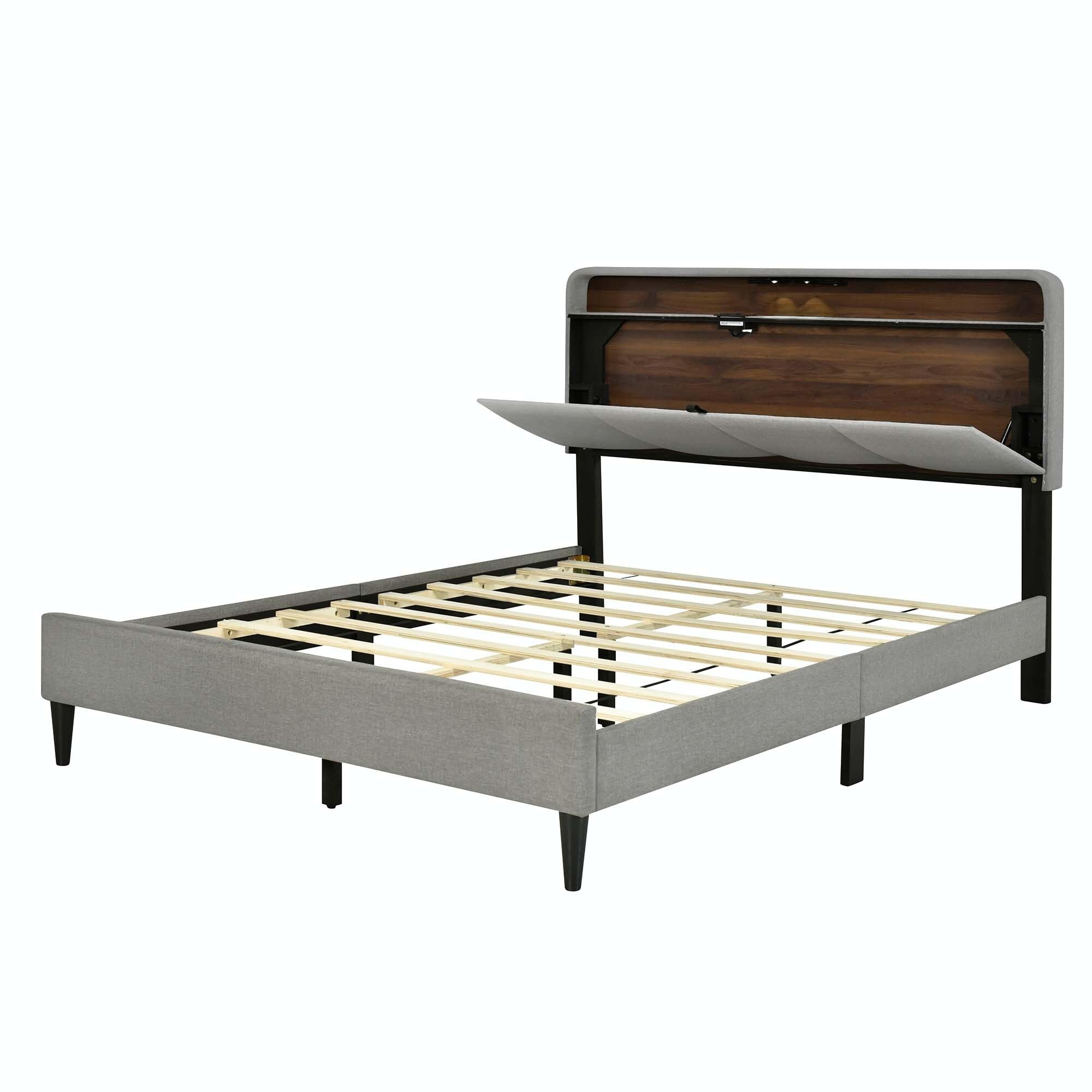 Upholstered Platform Bed with Storage Headboard and Sensor Light Beige - Queen