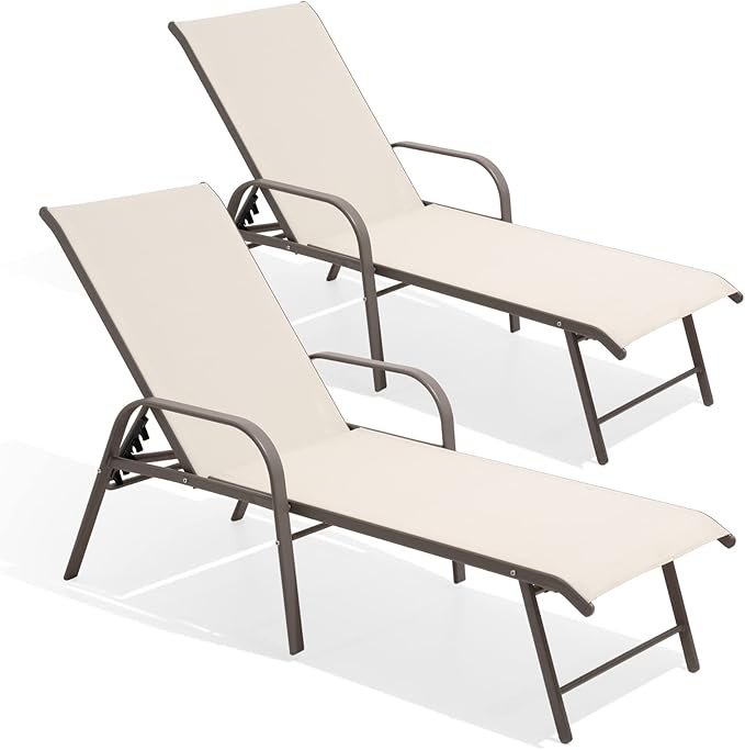 Lounge Chair Outdoor with Armrests, Pool Lounge Chairs Set of 2, Aluminum Adjustable