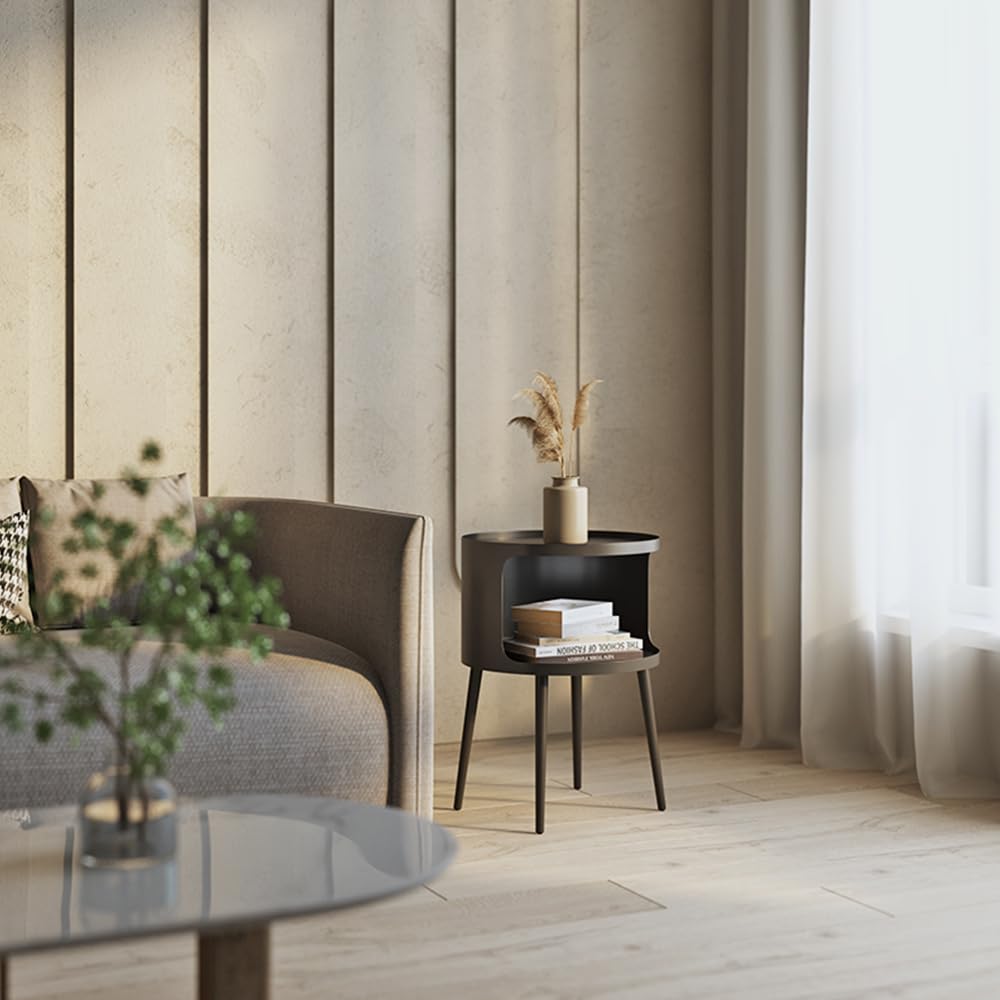 Modern Side Table, Small Round end Table with Open Storage for Small Spaces