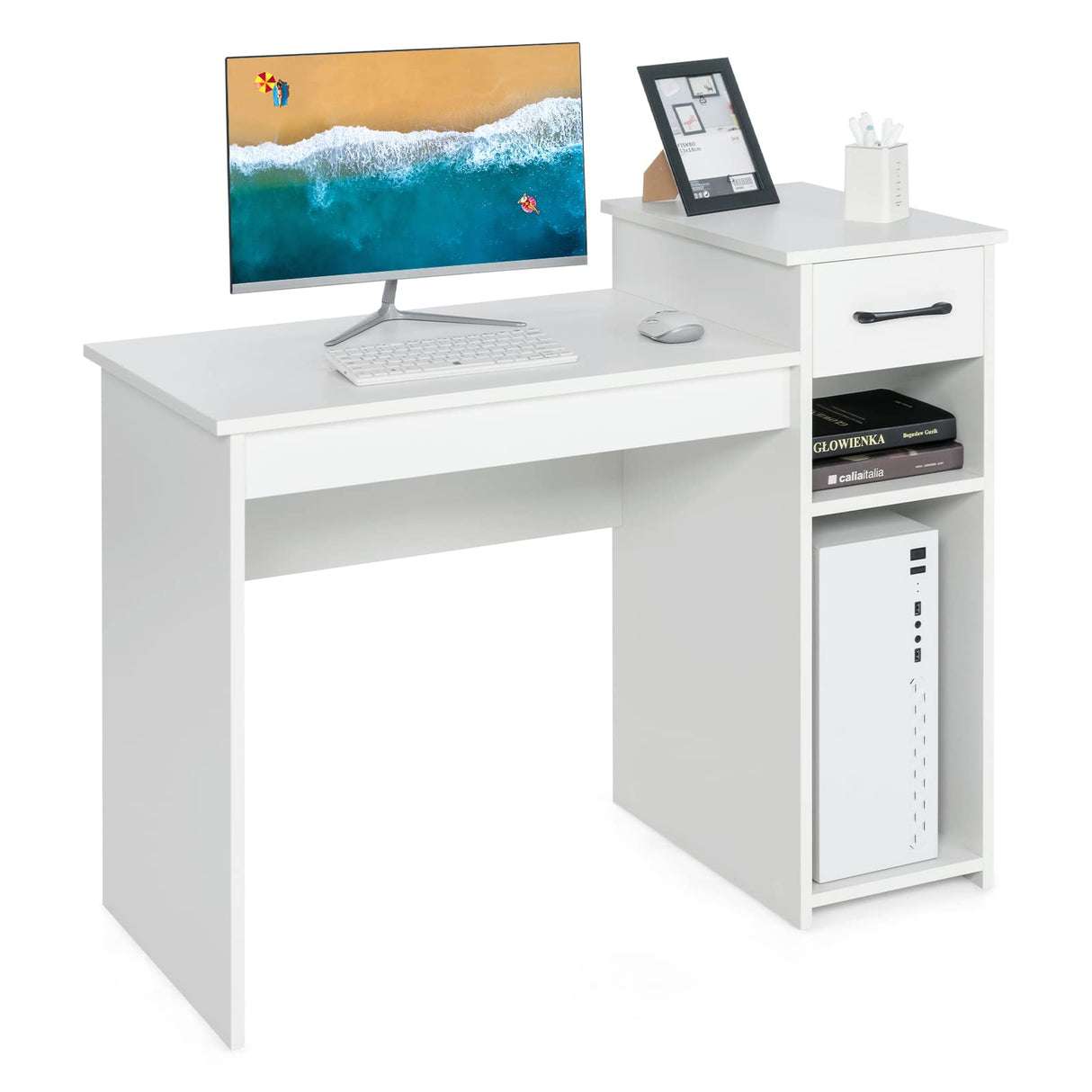 White Computer Desk, 40" Study Writing Desk with Drawers and Printer Shelves, Modern