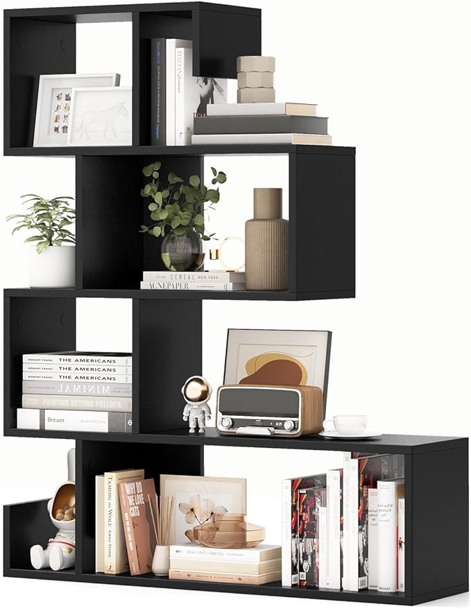 5-Tier S-Shaped Bookshelf, Geometric Bookcase w/Open Cubes, Modern Decorative Display Shelf w/Anti-Toppling Kits, Freestanding Storage Rack for Living Room, Study, Home, Office, White