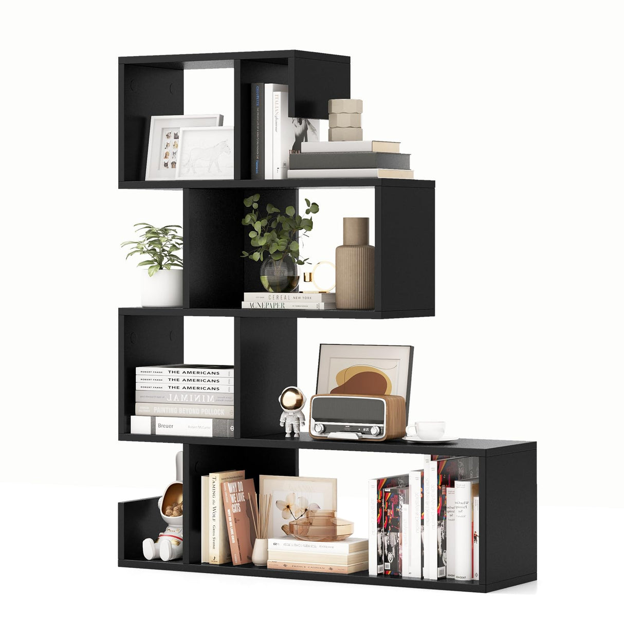 S-Shaped Bookshelf, Geometric Bookcase w/Open Cubes, Modern Decorative Display Shelf w/Anti-Toppling Kits, Freestanding Storage Rack for Living Room, Study, Home, Office, Black