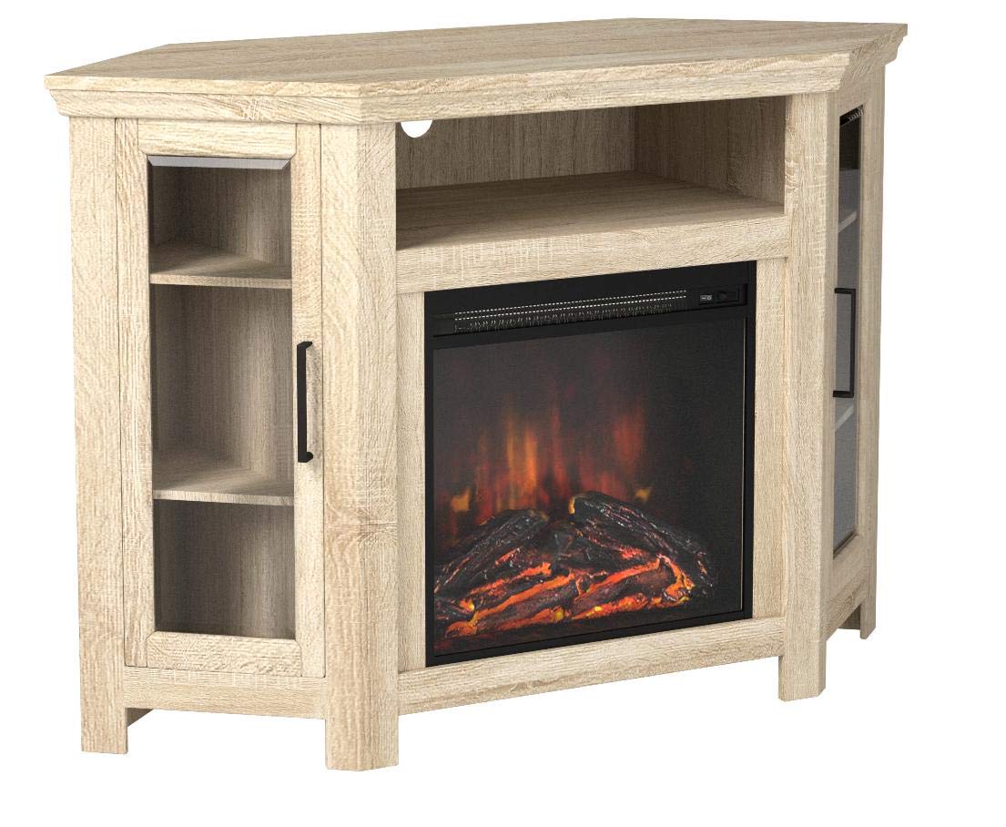 Classic Glass Door Fireplace Corner TV Stand for TVs up to 55 Inches, 48 Inch, White Oa