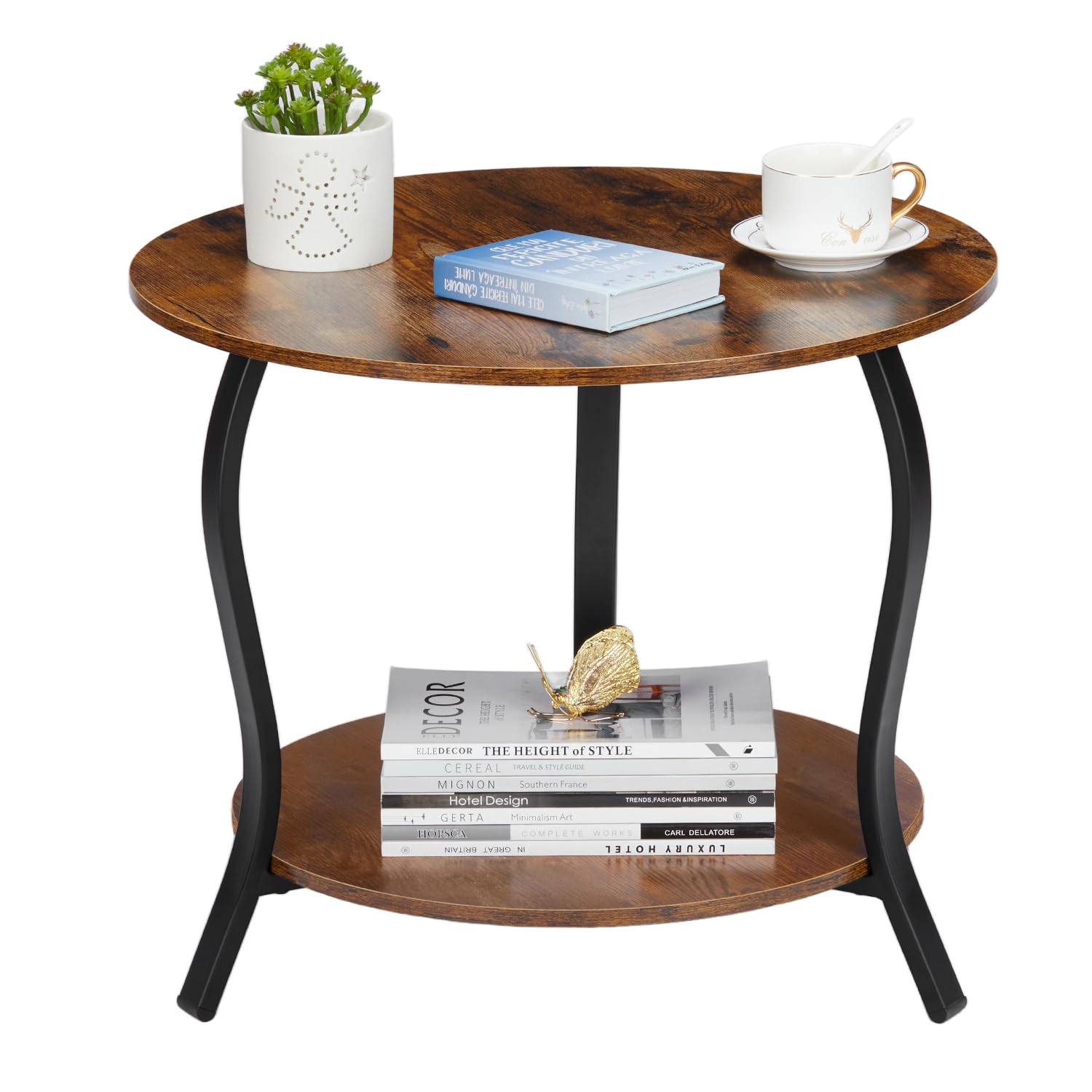 Small Round Coffee Table with Open Storage,23" 2-Tier Coffee Side Tables
