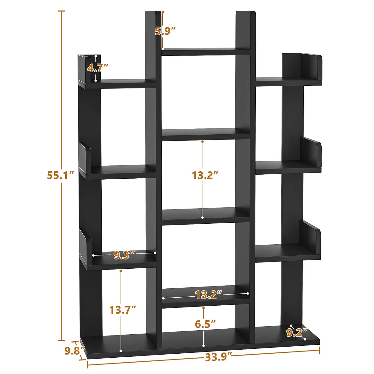 Tree-Shaped Bookcase Storage Shelf with 13 compartments, Books Organizer Display Cube Shelves, Industrial Free Floor Standing Wood Open Bookshelves, Black