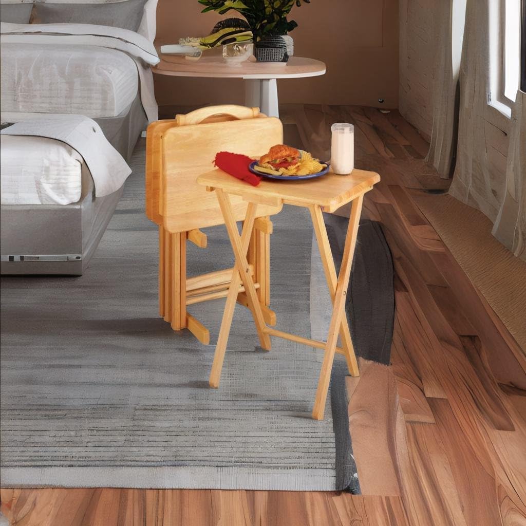 Wood Alex 5-Piece Snack Tables Set | Foldable & Stable | Solid Wood | Includes 4 Tables