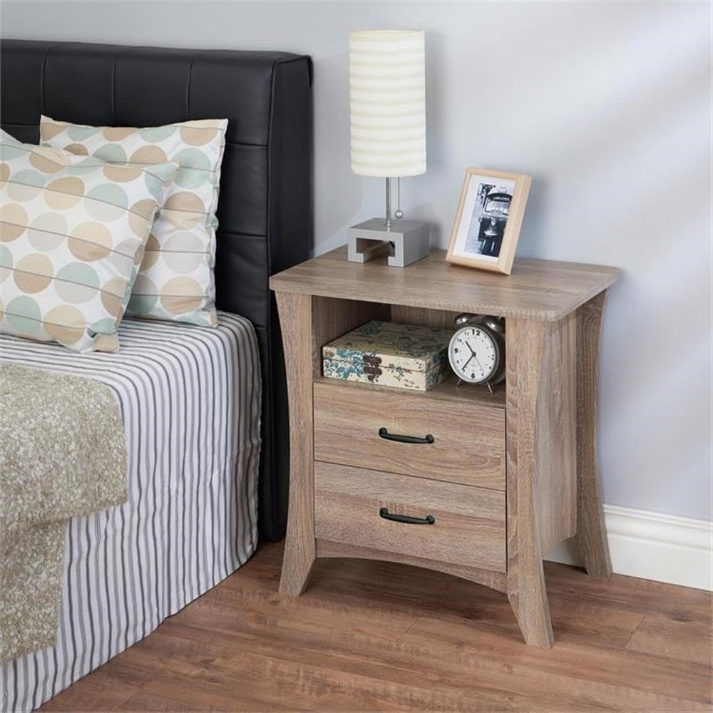 Wooden 2-Drawer Nightstand with Open Shelf in Rustic Natural