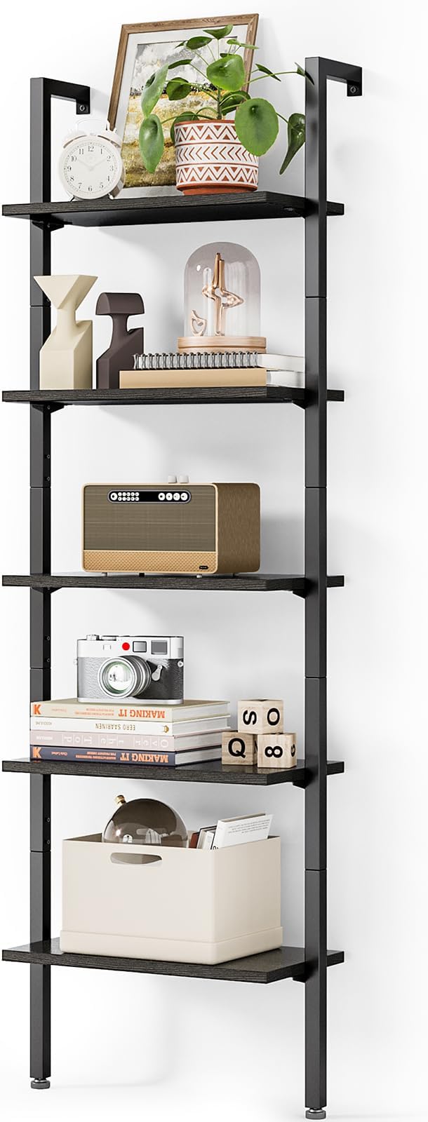 Ladder Shelf, 5 Tier Black Bookshelf, 72 Inch Wall Mounted Book Shelf