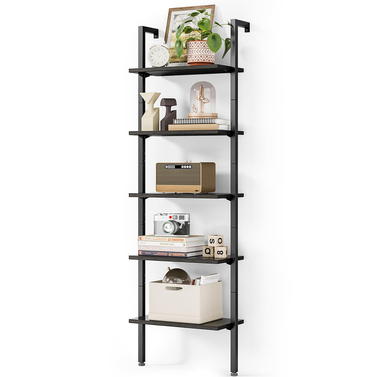Ladder Shelf, 5 Tier Black Bookshelf, 72 Inch Wall Mounted Book Shelf
