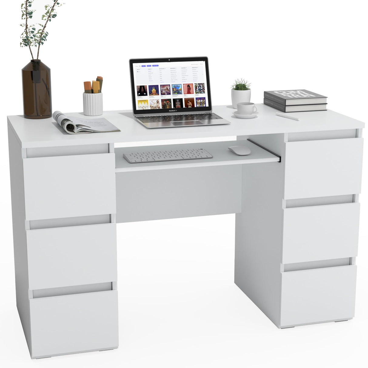 Computer Desk - White Desk with 6 Drawers, 47 Inch Home Office Desk, Modern Writing Desk with Storage,