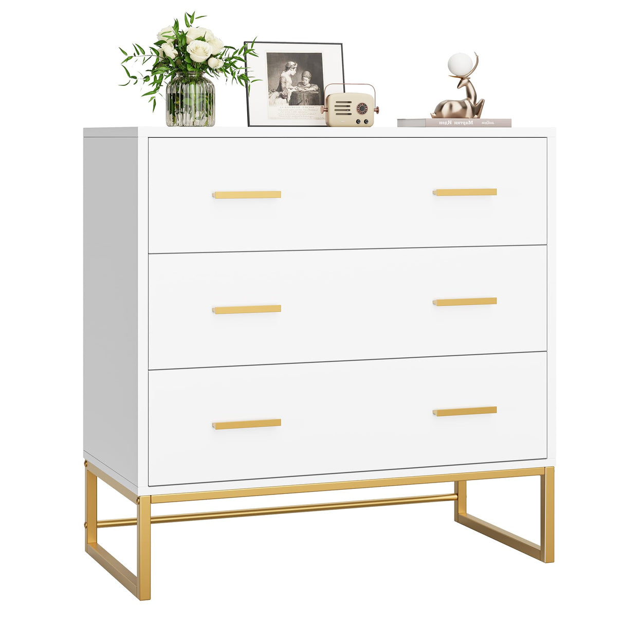 White Dresser with 3 Drawers, White Gold Dresser
