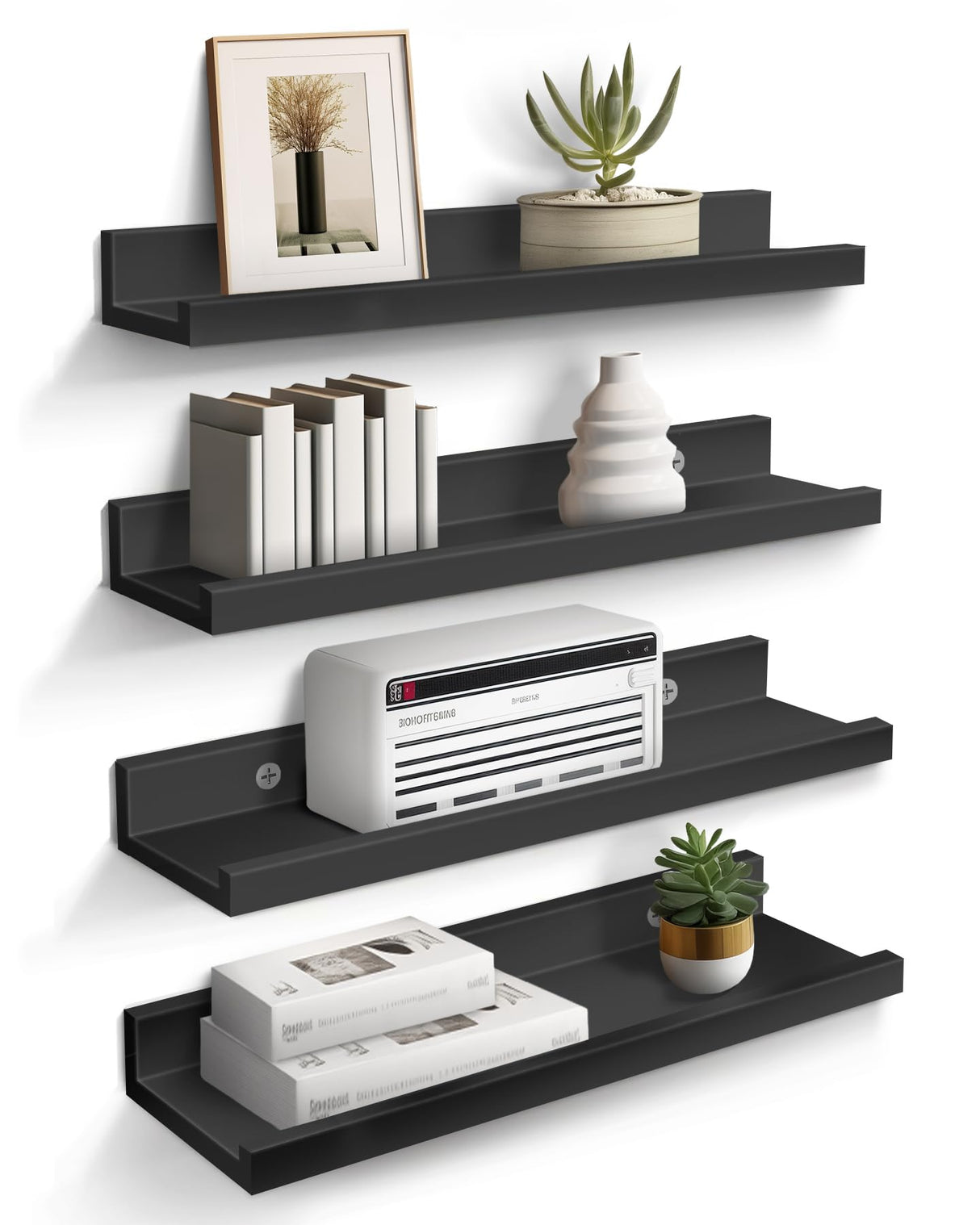 Small 16” Floating Shelves for Wall Décor Storage, Set of 4, Wood for Bedroom