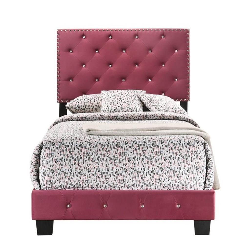 Glory Furniture Suffolk Velvet Upholstered Twin Bed in Cherry