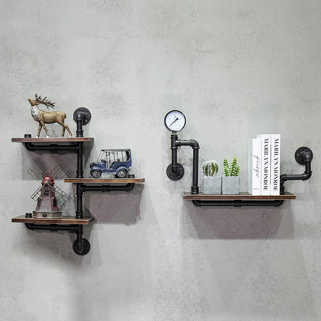 Retro Shelves Industrial Style Wrought Iron Water Pipe Display Stand Solid Wood Bulkhead