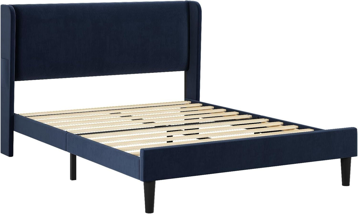 King Size Bed Frame with Vertical Channel Tufted Wingback Headboard