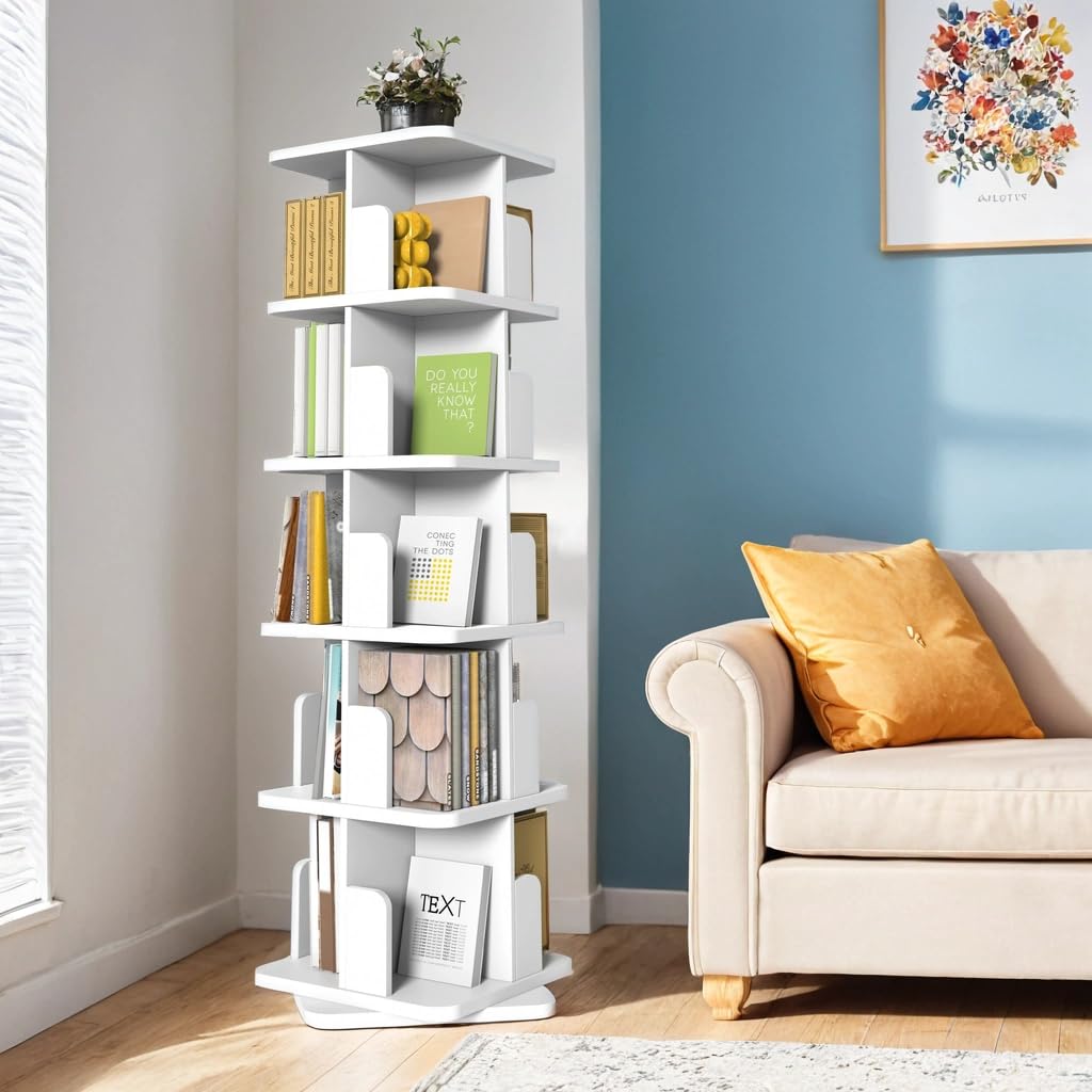 White Rotating Bookshelf, 360 Display 5 Tier Rotating Bookshelf Tower, Floor Standing