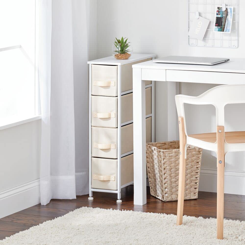 mDesign Narrow Dresser Storage Tower Stand with 4 Removable Fabric Drawers - Steel Frame, Wood Top Organizer for Bedroom, Entryway, Closet - Jane Collection - Cream/White