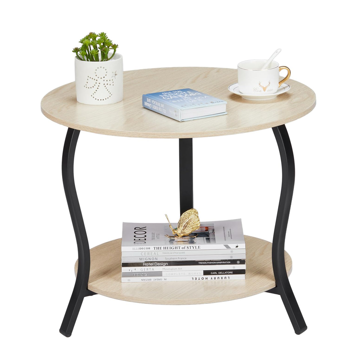 Small Round Coffee Table with Open Storage,23" 2-Tier Coffee Side Tables for Small