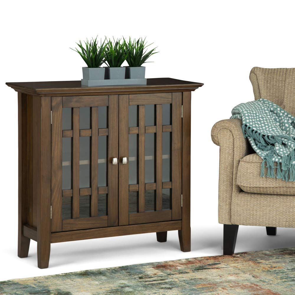 SIMPLIHOME Bedford SOLID WOOD 32 inch Wide Transitional Low Storage Media Cabinet in Rustic Natural Aged Brown, with 2 Tempered Glass Doors, 2 Adjustable Shelves