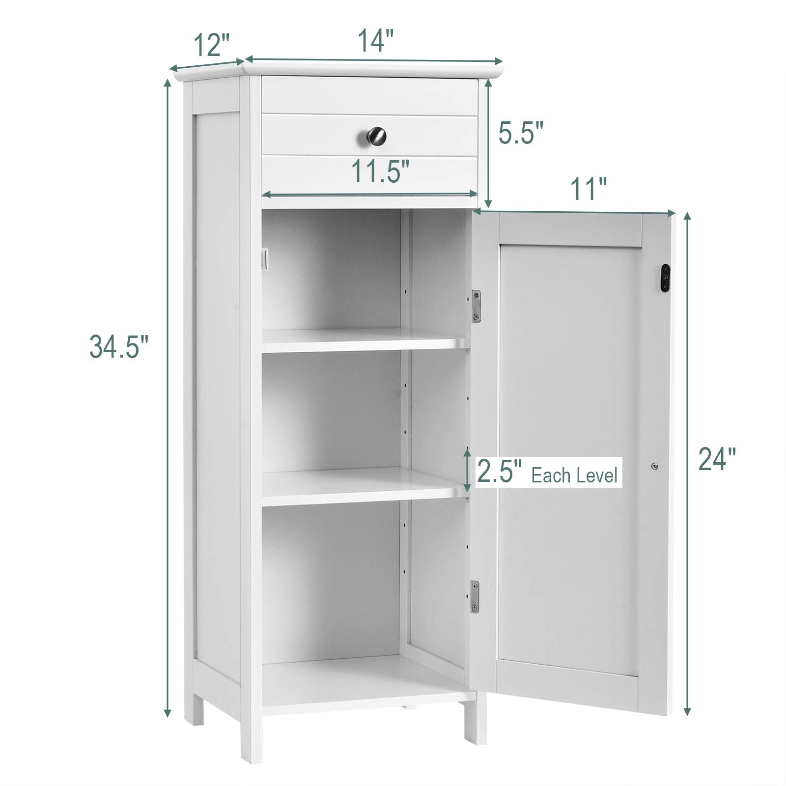 Bathroom Floor Cabinet, Wooden Side Storage Organizer, Free-Standing Single Door Floor Storage Cabinet with Large Drawer & 2 Adjustable Shelves for Living Room Kitchen (White)