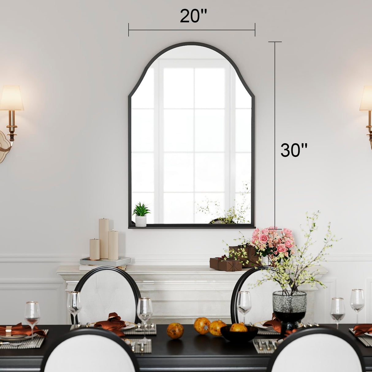 30x20 Black Arch Mirror with Shelf - Matte Metal Frame Wall Mirror