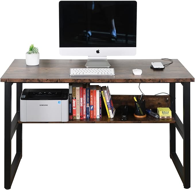 Computer Study Desk with Bookshelf, Large Home Office Desk with Storage and Shelf Industrial Study